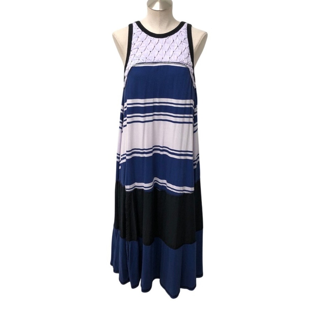 FP Movement Maxi Dress Womens S Small Blue Striped Smocked Racerback Beachy